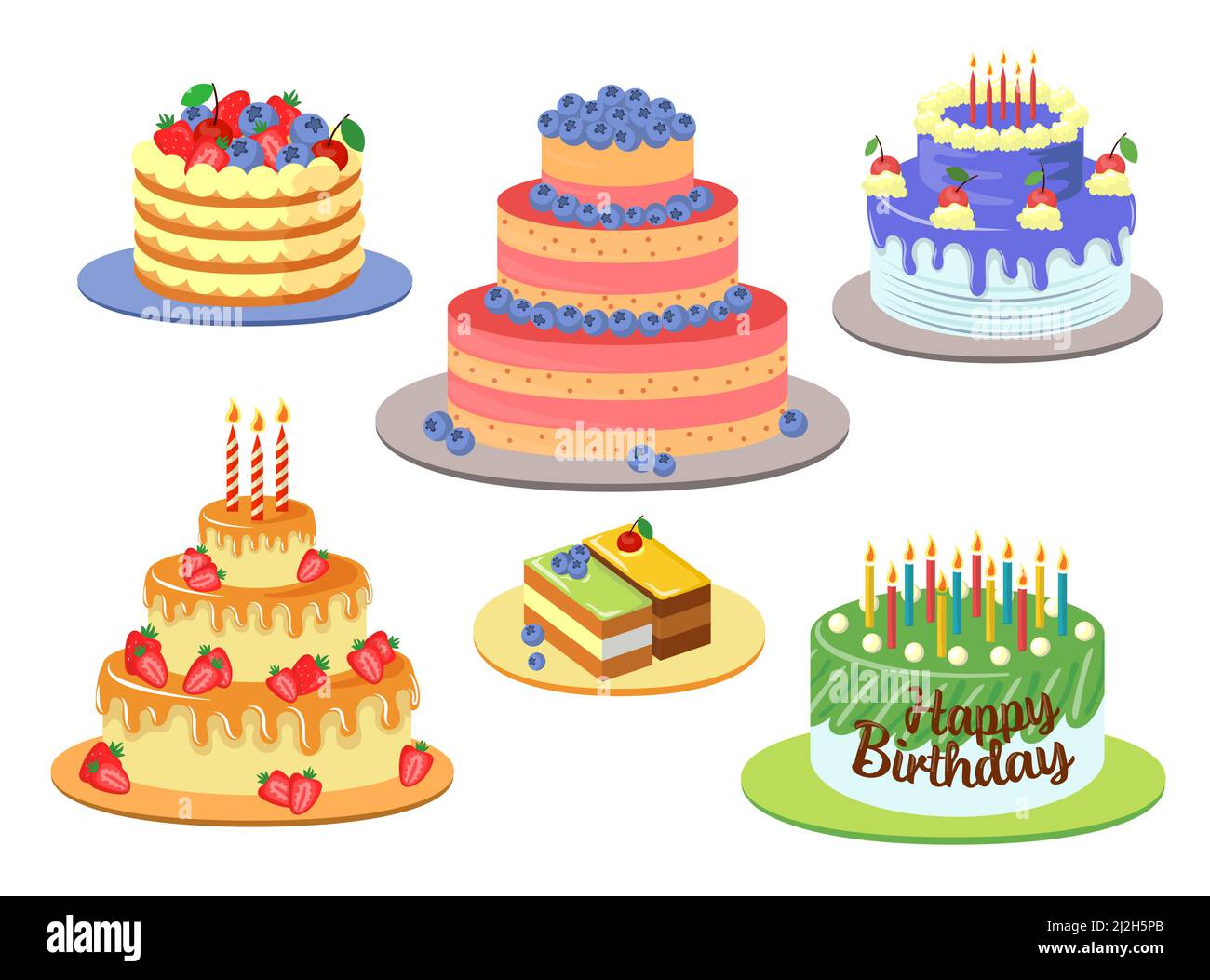 Ensemble d'illustrations vectorielles de gâteaux d'anniversaire différents et élégants.Motifs de gâteaux au chocolat avec décor, glaçage, cerises et bougies isolées sur fond blanc Illustration de Vecteur