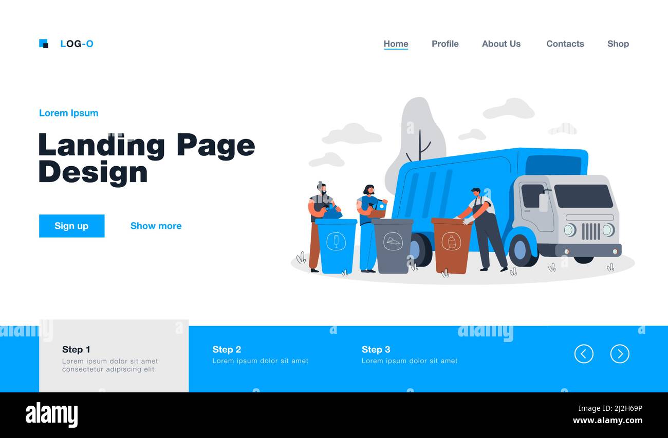 Camion à ordures arrivant pour prendre les conteneurs d'élimination avec les déchets et les déchets. Les hommes trient les ordures et les déchets dans les poubelles et les bennes à ordures. Illustration vectorielle pour Illustration de Vecteur