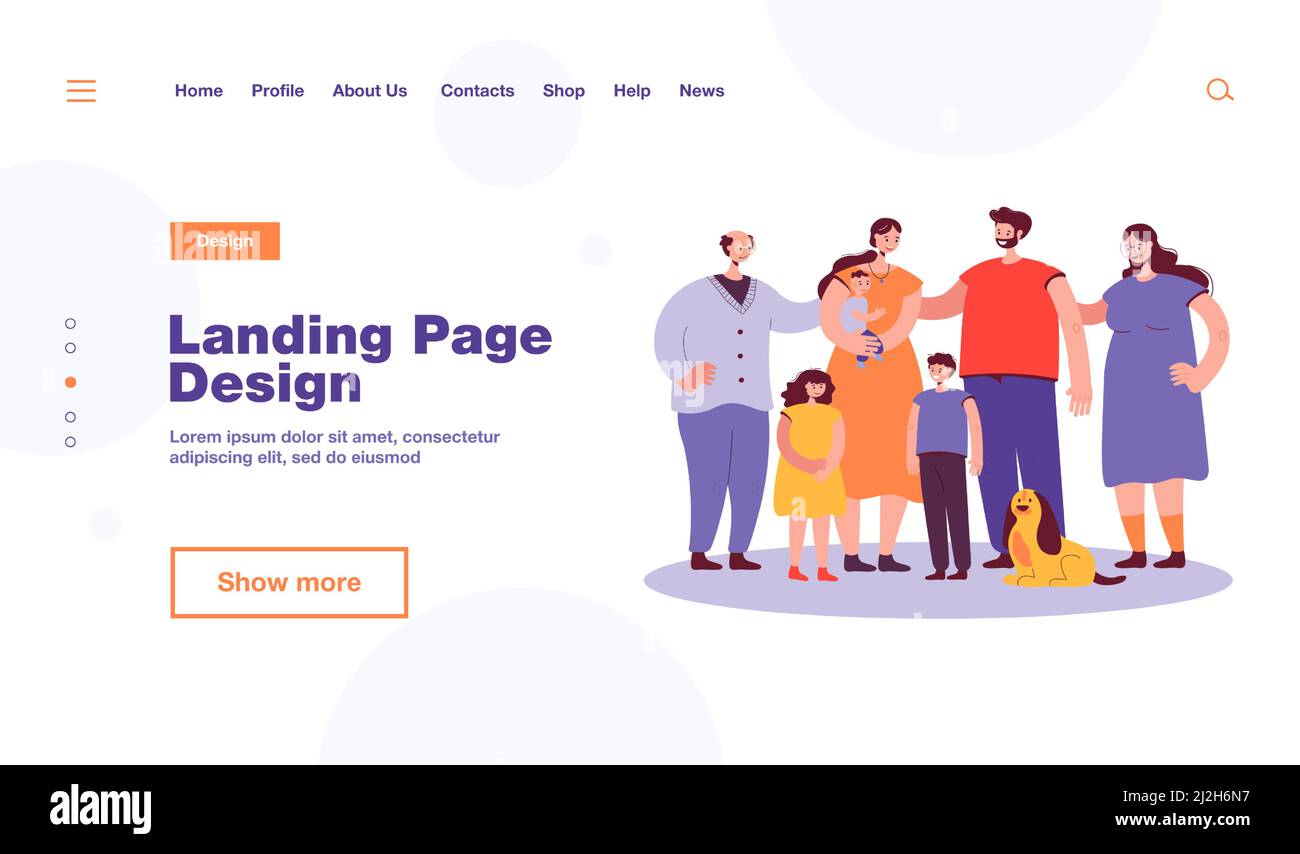 Bonne famille debout ensemble et illustration de vecteur plat souriant. Dessin animé père, mère, grand-mère, grand-père, enfants et chien. Amour et Illustration de Vecteur