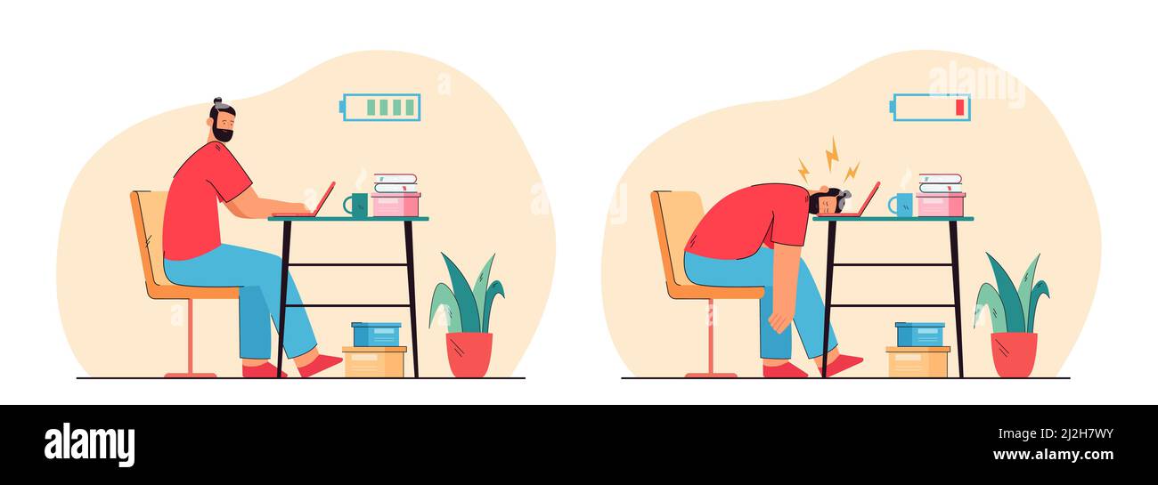 Travailleur de bureau de dessin animé avec batterie haute et basse. Personne positive et fatiguée assise au bureau avec illustration vectorielle plate pour ordinateur portable. Syndrome d'épuisement Illustration de Vecteur