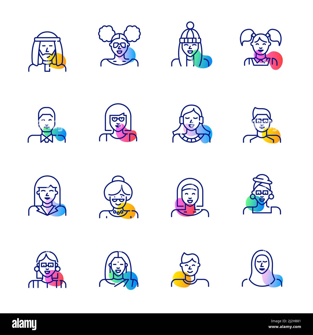 Jeu d'icônes de couleur géométrique amusant de compte d'utilisateur. La diversité des cheveux, du sexe et de l'âge. Pixels Perfect, icônes de contour modifiables Illustration de Vecteur