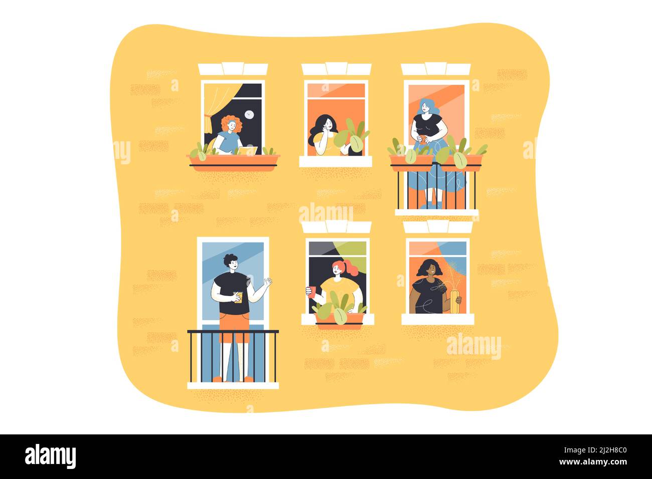 Illustrations vectorielles pour les personnes sur les balcons. Fenêtres avec voisins à l'intérieur des appartements. Balcons avec hommes et femmes pendant la quarantaine. Immeuble d'appartements faca Illustration de Vecteur