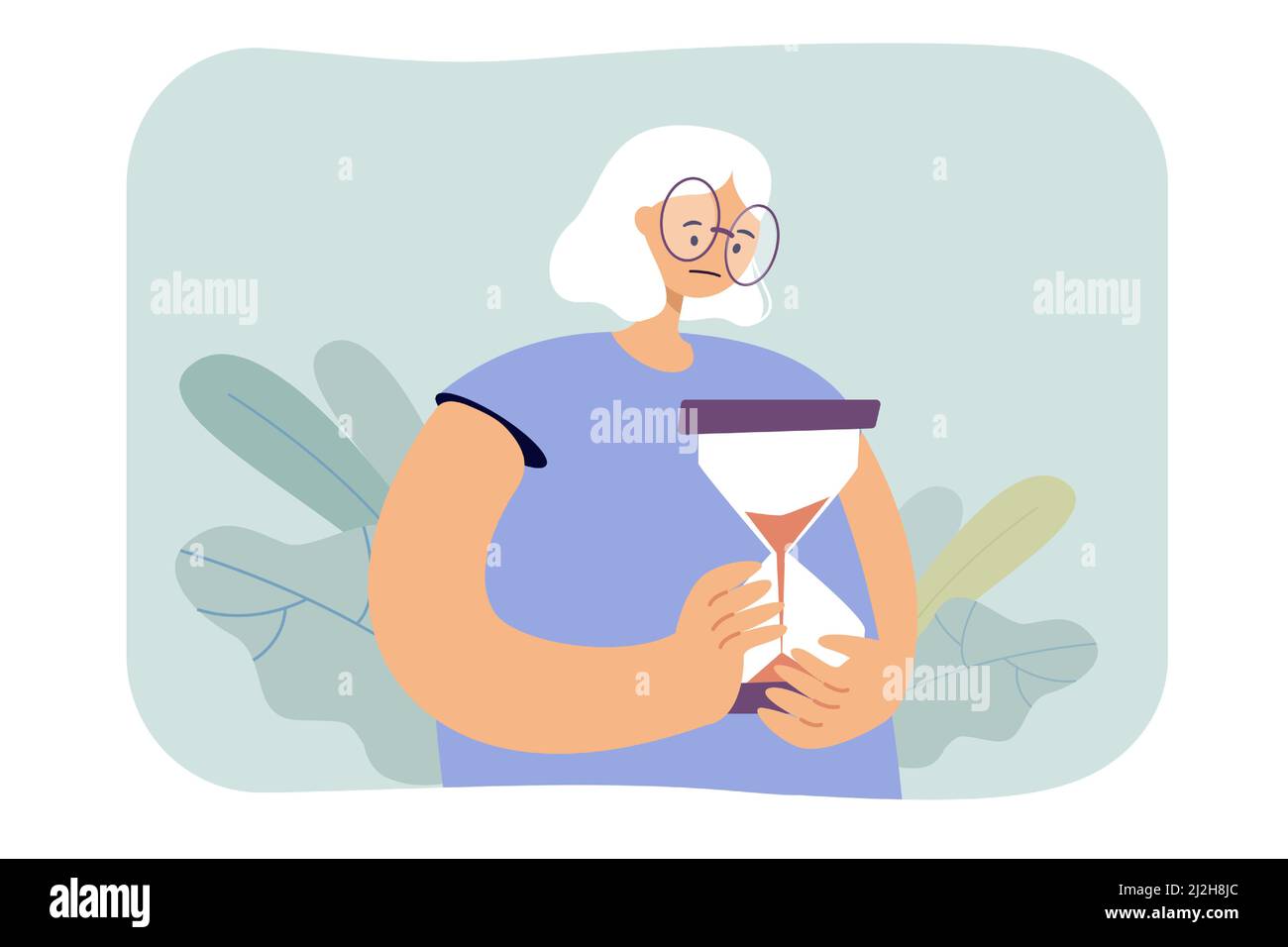 Triste vieille femme tenant un sablier. Illustration vectorielle plate du temps d'observation des personnages âgés. Gestion du temps, âge, durée de vie, concept de retraite pour Illustration de Vecteur