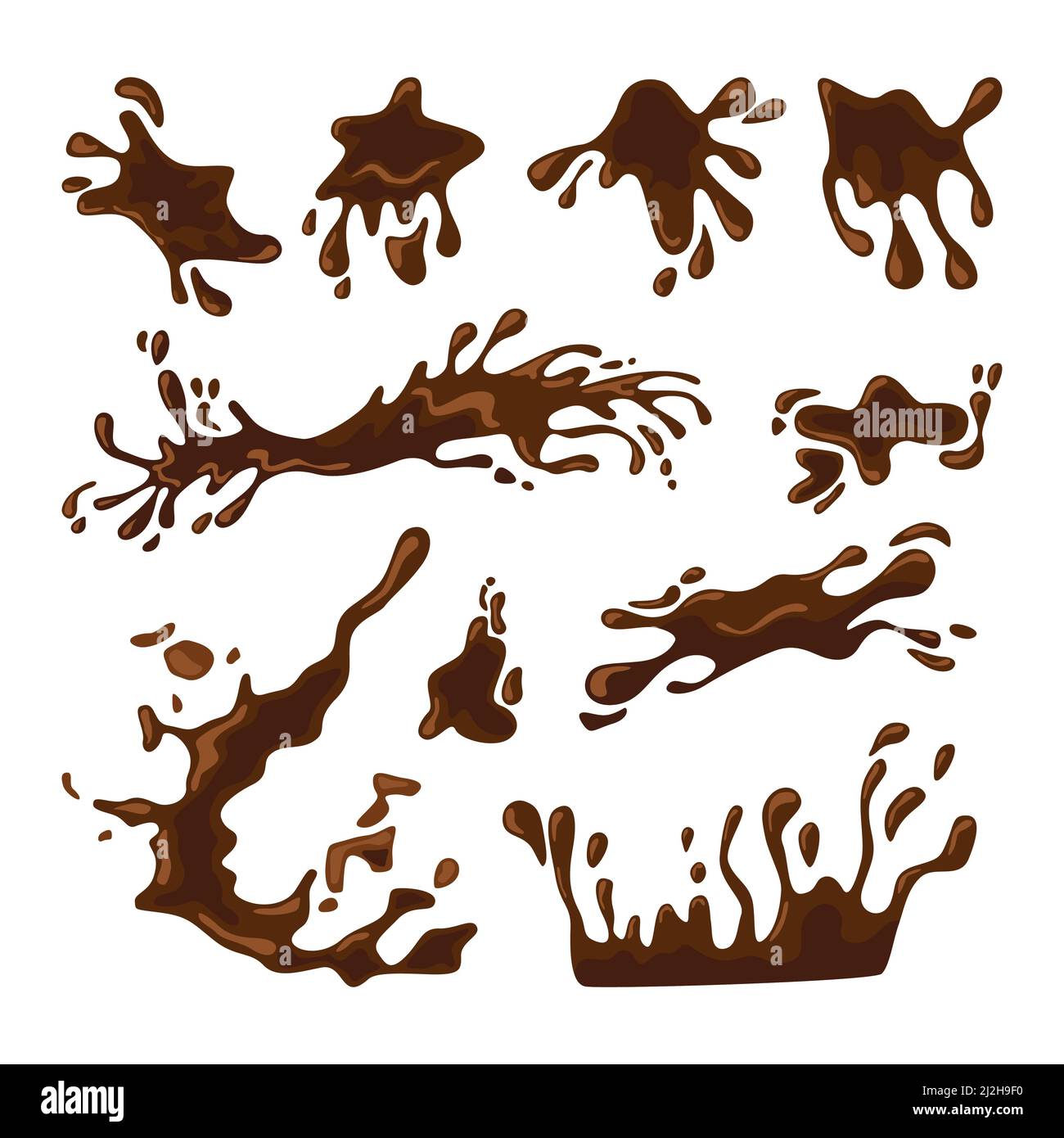 Jeu d'illustrations vectorielles de café ou de chocolat chaud.Boisson renversée, flaque de boue, texture liquide ou liquide, éclaboussures de peinture brune isolées Illustration de Vecteur