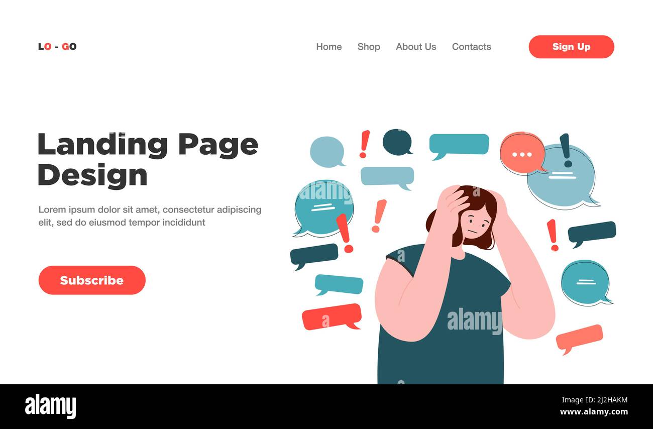 Trop d'informations ou de spam concept. Triste utilisateur d'Internet de médias sociaux tenant la tête, essayant d'arrêter hoax fausses nouvelles, bruit de désinformation. Vecteur plat il Illustration de Vecteur