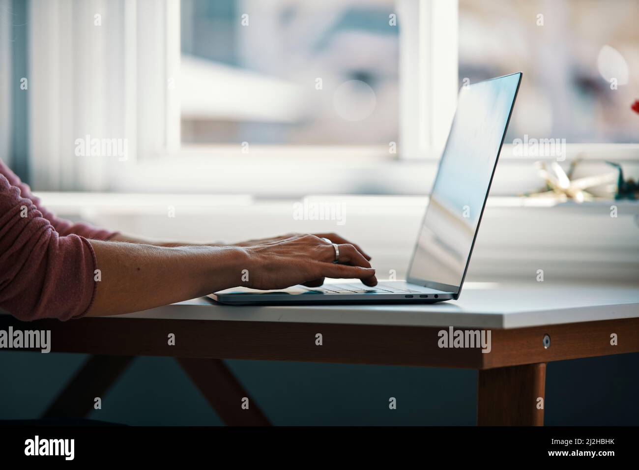 Gros plan des mains des femmes à l'aide d'un ordinateur portable Banque D'Images