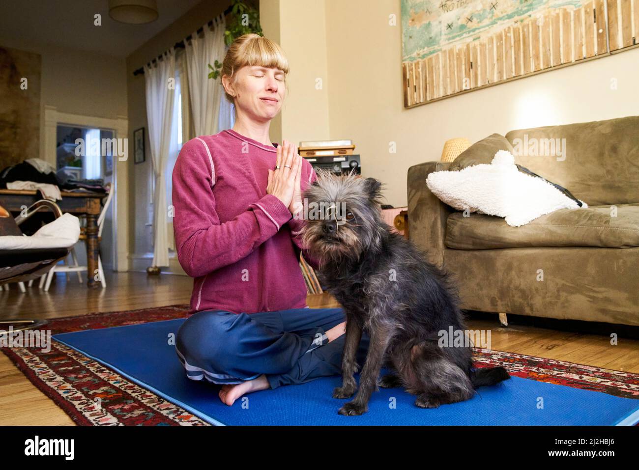 Femme méditant à la maison avec le chien Banque D'Images