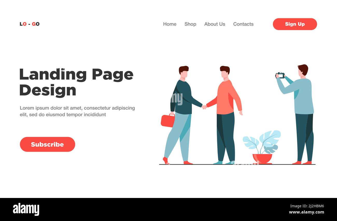 Deux hommes d'affaires qui se secouent la main et un autre homme qui prend des photos. Partenaires, accord. Illustration vectorielle plate. Le concept d'entreprise peut être utilisé pour la présentation Illustration de Vecteur