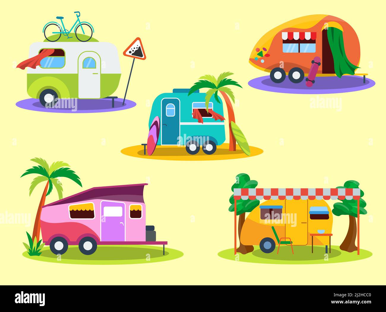 Ensemble d'illustrations vectorielles plates pour camping-cars vintage.Différentes caravanes, caravanes ou camping-cars pour des vacances en famille, camping, maison sur roues isolées sur jaune Illustration de Vecteur