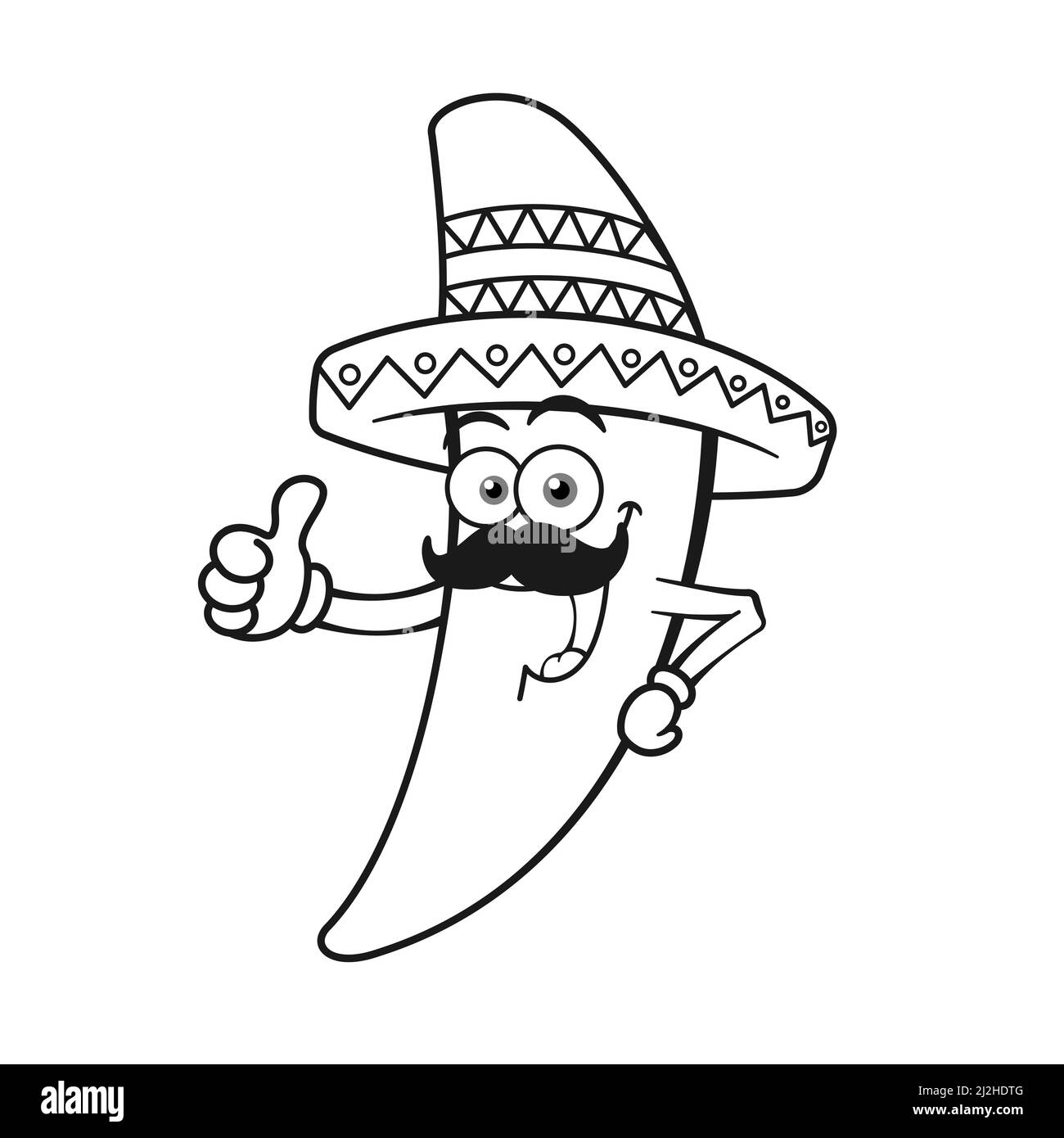 Dessin animé Chili Pepper portant le chapeau Sombrero Outline Illustration de Vecteur