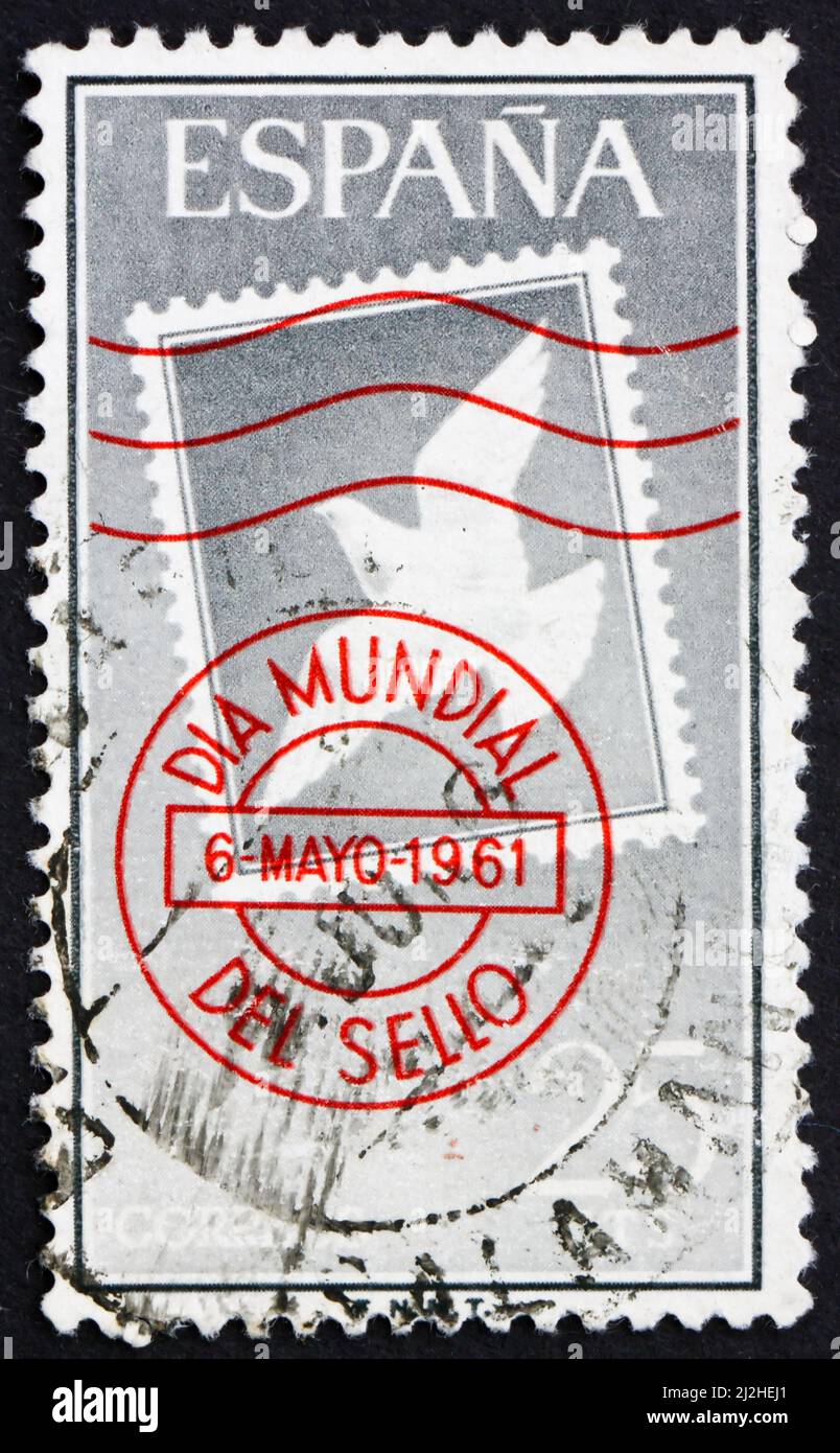 ESPAGNE - VERS 1961: Un timbre imprimé en Espagne montre annulé Stamp, White Dove, vers 1961 Banque D'Images