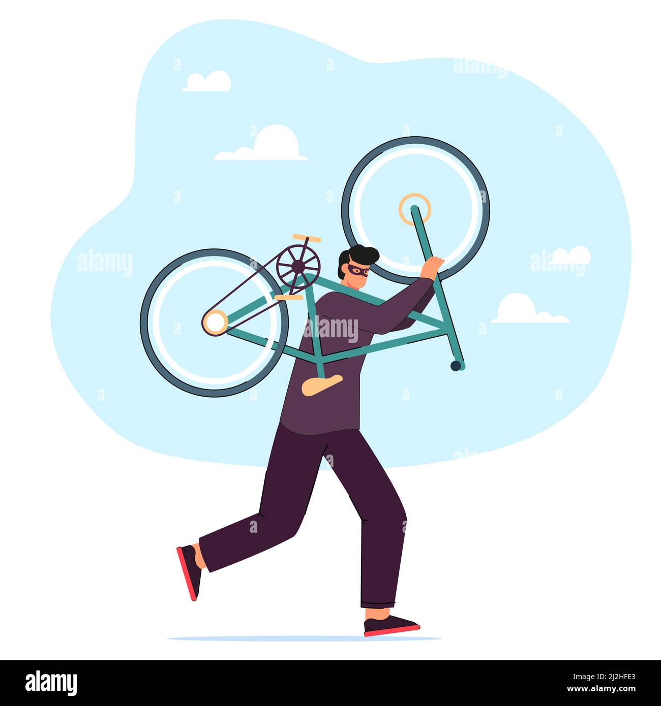 Voleur à pied, homme transportant un vélo volé.Un criminel masculin dans un masque et un sweat à capuche dérobant le vélo du stationnement avec une illustration vectorielle plate de verrouillage.Vol, sur Illustration de Vecteur