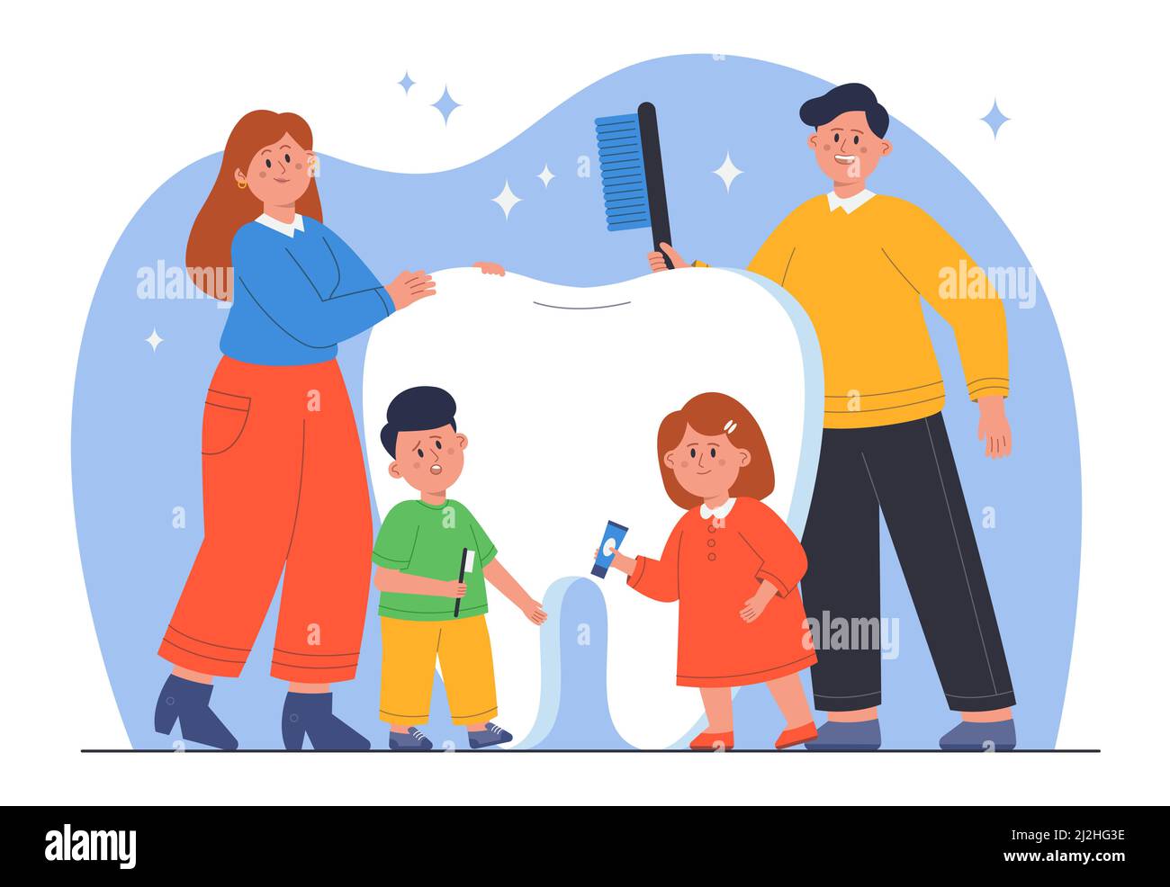 Des gens minuscules avec du dentifrice et une brosse à dents debout près de la dent.Famille heureuse tenant des produits d'hygiène bucco-dentaire de soin de cavité et de brossage molaire vecteur plat Illustration de Vecteur