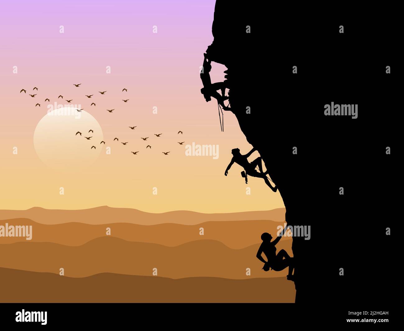 Silhouette de trois alpinistes grimpant au coucher du soleil en arrière-plan. Illustration de Vecteur
