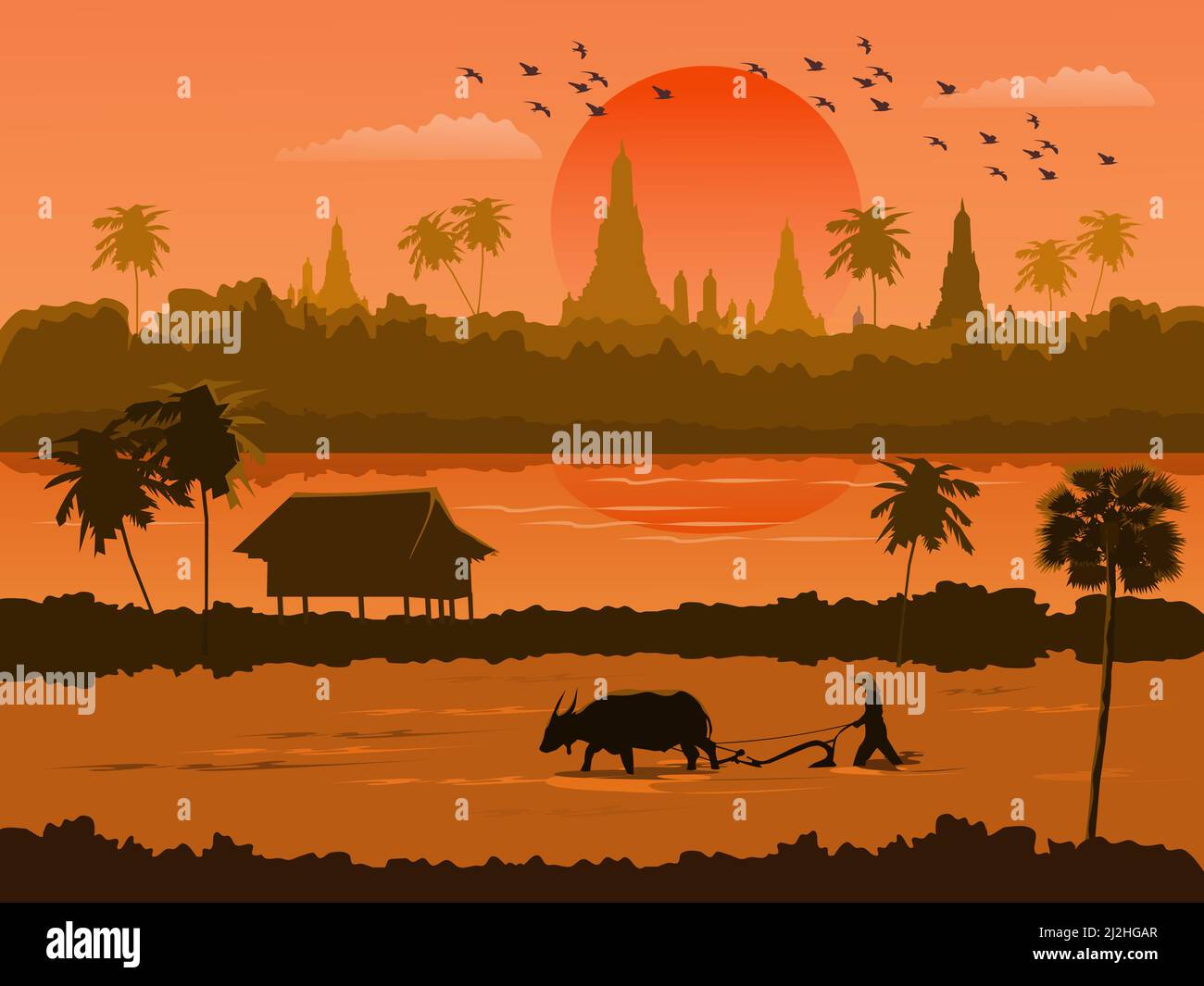 Vue sur la Thaïlande au coucher du soleil avec les agriculteurs travaillant dans les champs. Il y a une rivière et un temple bouddhiste en arrière-plan. Illustration de Vecteur