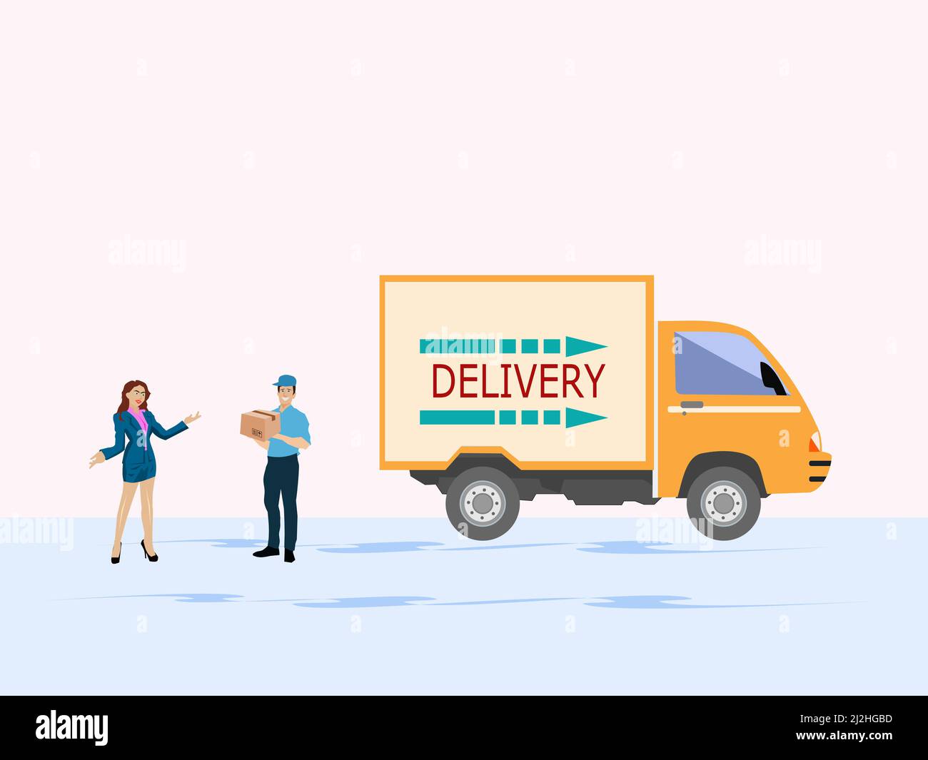 Un liveur livre des marchandises à un client féminin à commander avec un fond blanc. Illustration de Vecteur