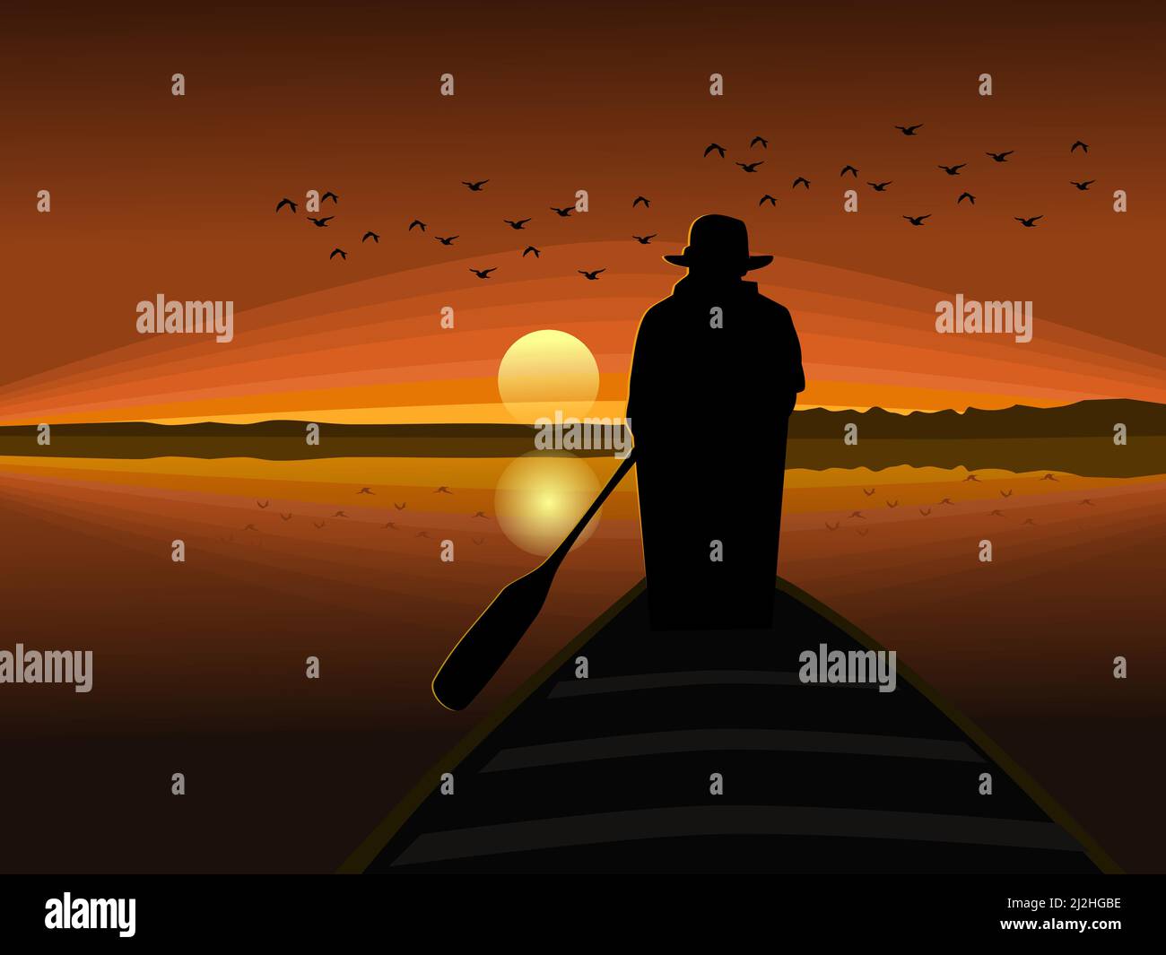 Une silhouette d'homme dans un chapeau ramer un petit bateau avec le soleil en arrière-plan Illustration de Vecteur