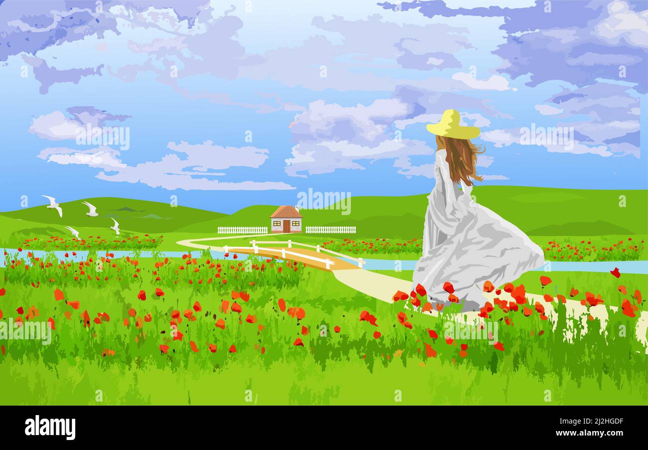 Une femme en jupe blanche portant un chapeau marche sur le chemin d'une maison à flanc de colline. Nuages et ciel en arrière-plan. Illustration de Vecteur
