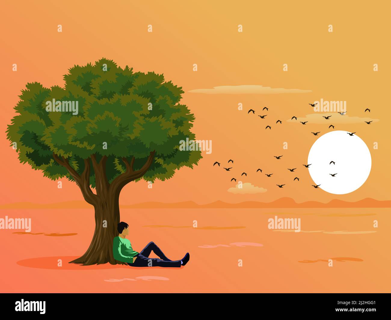 Un homme assis sous un arbre dans le champ regardant le coucher de soleil avec un fond jaune de ciel Illustration de Vecteur