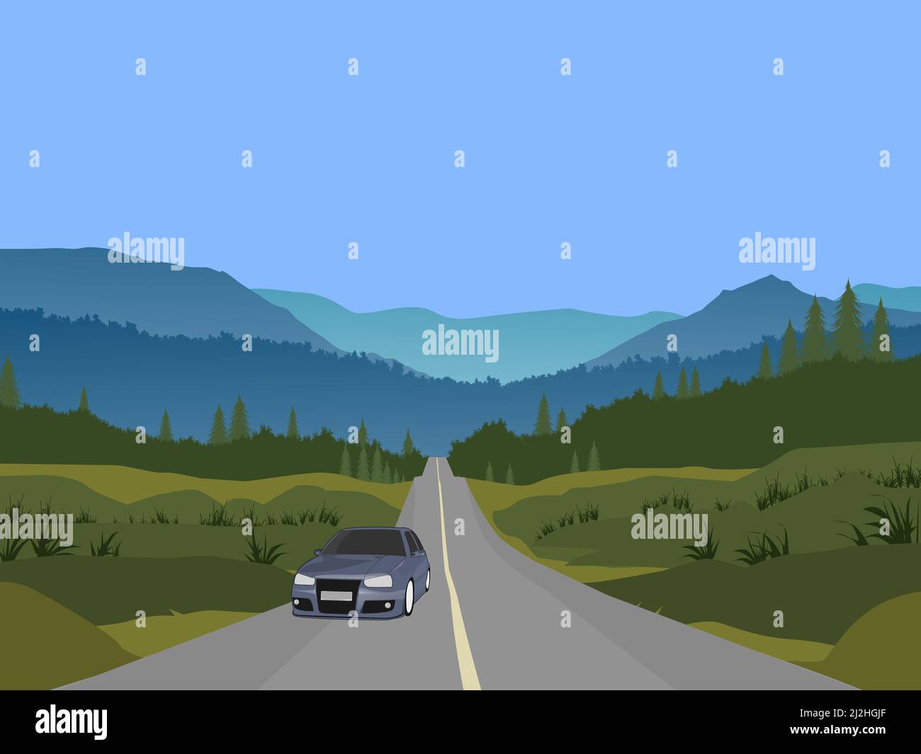 La voiture conduisait sur une autoroute à travers une forêt avec des montagnes et du ciel en arrière-plan. Illustration de Vecteur