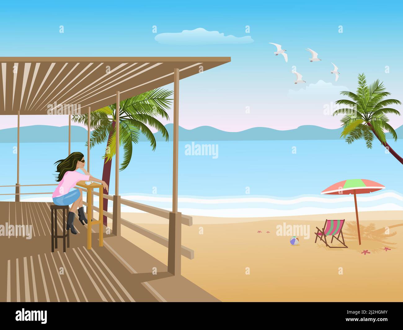 Femme assise dans un café en bambou sur une plage au bord de la mer avec la mer et le ciel en arrière-plan. Illustration de Vecteur