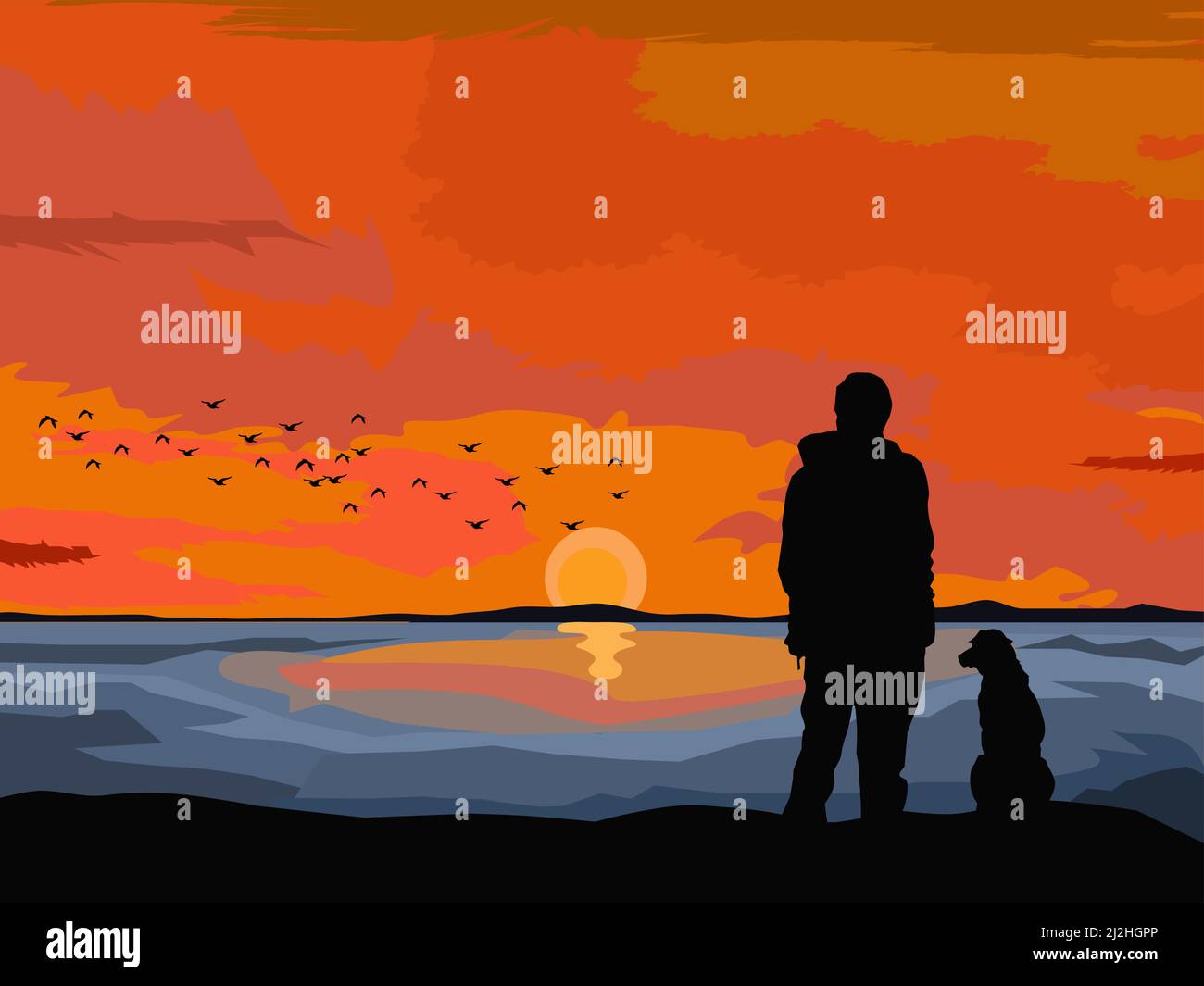 silhouette d'un homme et d'un chien debout sur les rochers au bord de la mer avec le soleil couché en arrière-plan Illustration de Vecteur