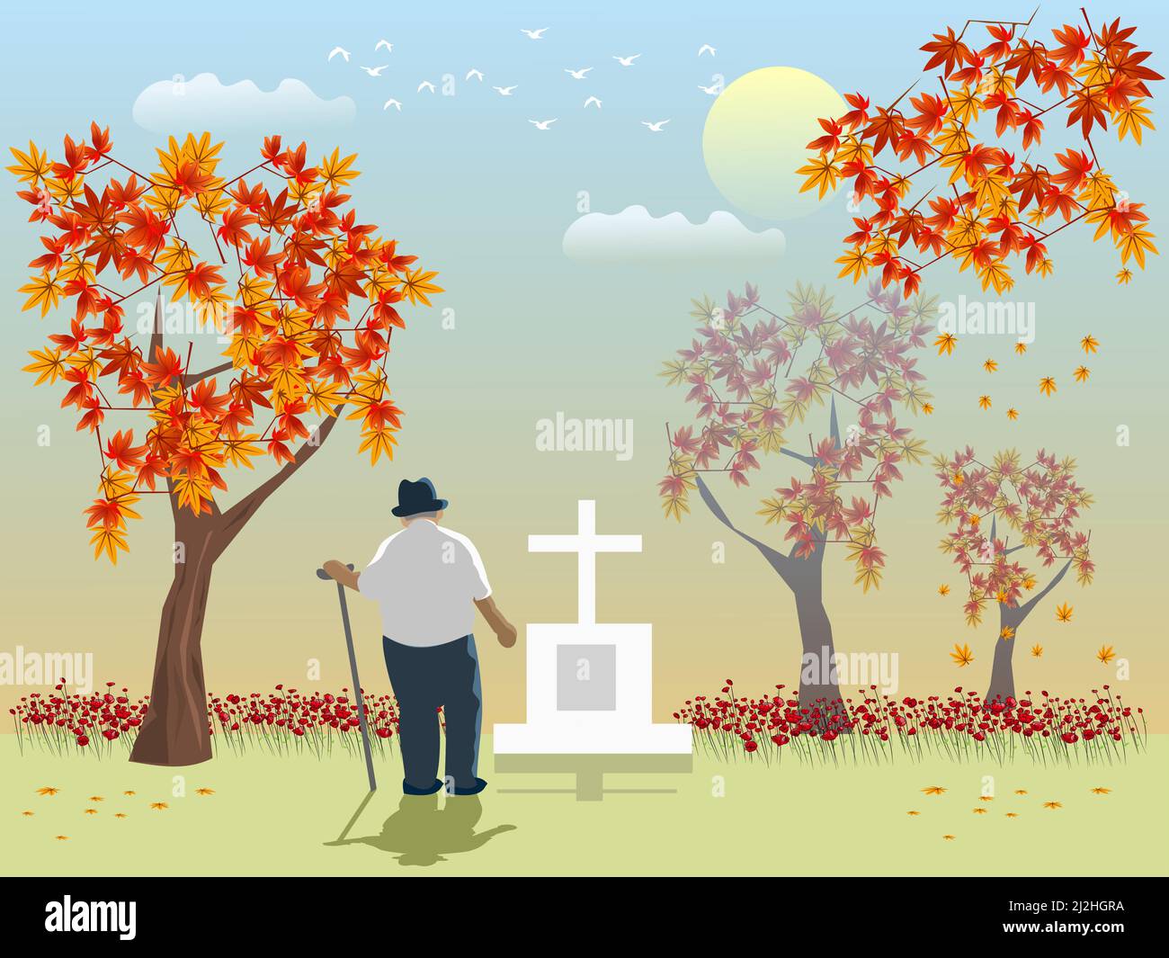 Un vieil homme regarde la tombe de son amant avec des érables et un ciel orange en arrière-plan. Illustration de Vecteur