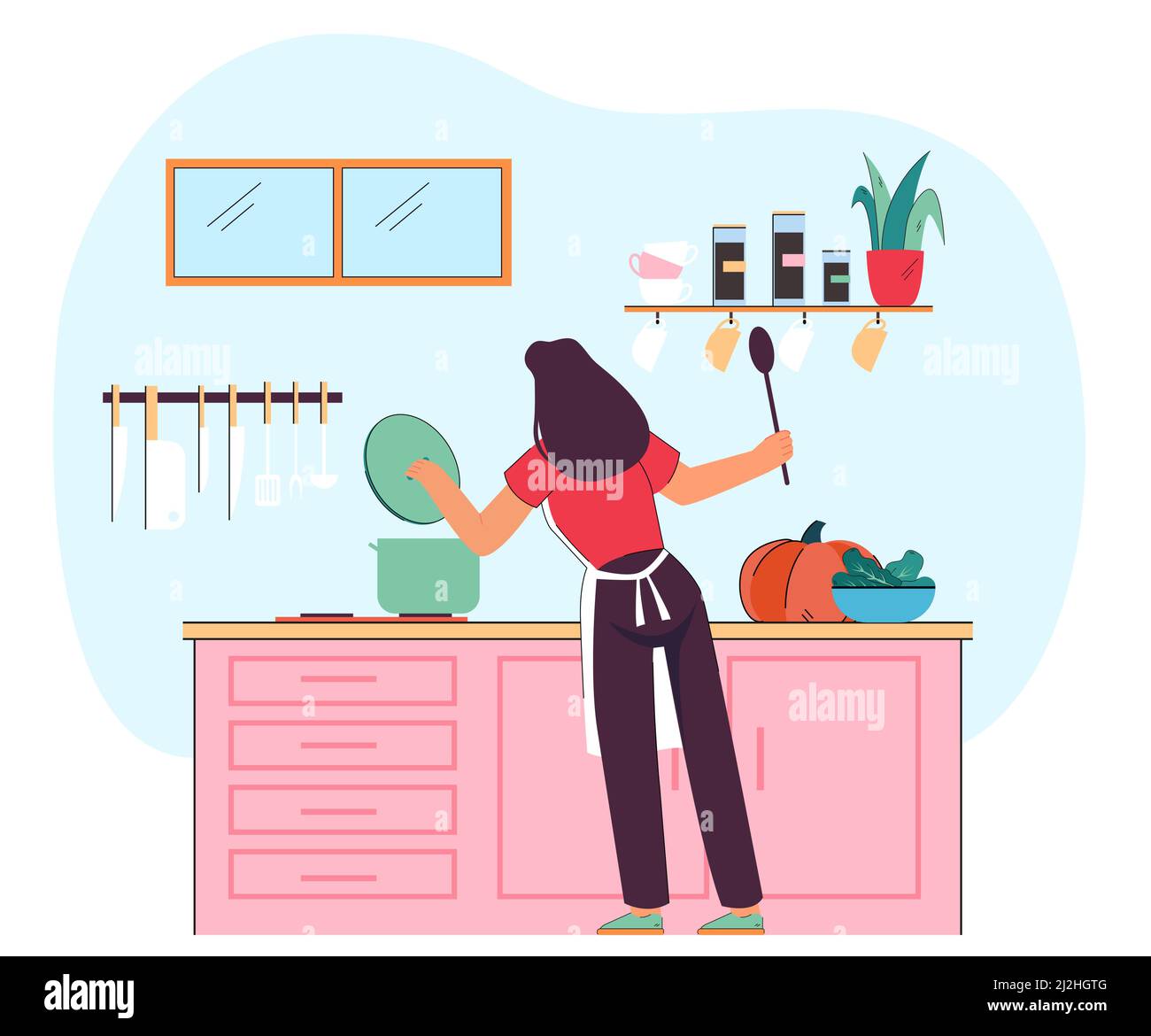 Femme debout près d'une cuisinière dans la cuisine tenant une cuillère.Illustration du vecteur plat de la cuisine de la femme au foyer.Cuisine, mode de vie familial, routine, h Illustration de Vecteur