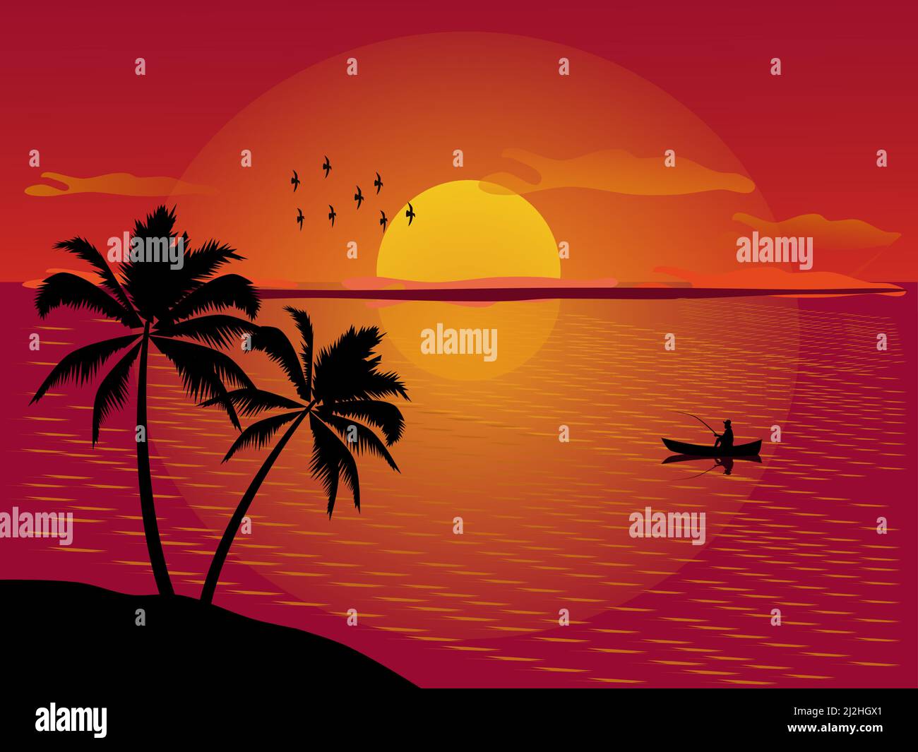 Silhouette d'un homme pêchant dans la mer avec coucher de soleil en arrière-plan. Illustration de Vecteur