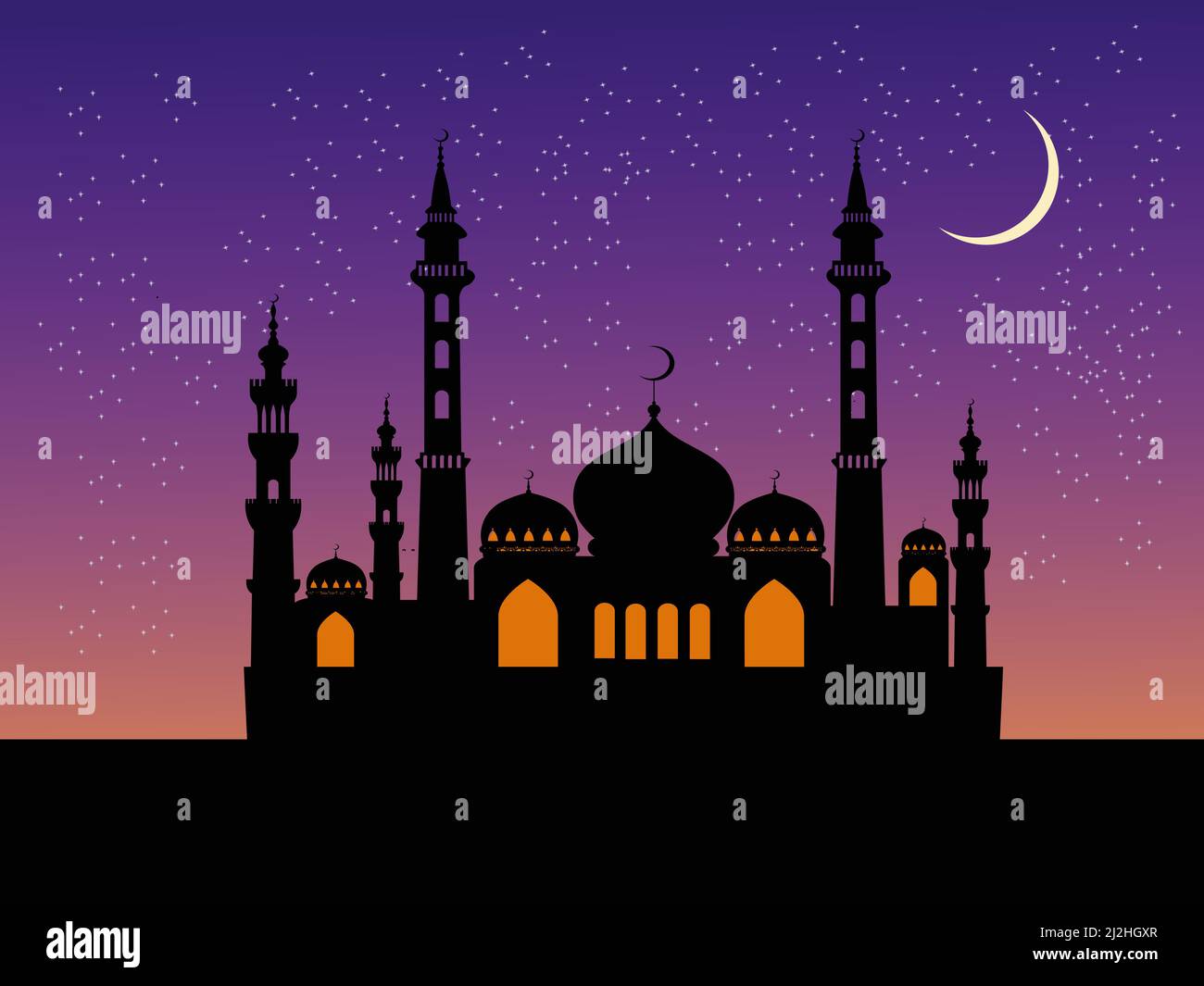 La silhouette de la mosquée a un ciel bleu et des étoiles en arrière-plan. Illustration de Vecteur