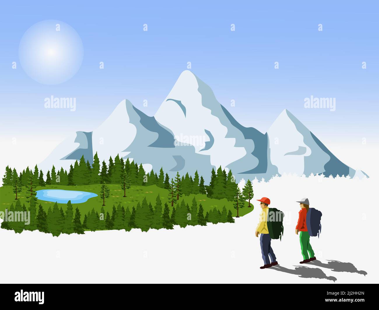 Des touristes hommes et femmes marchant vers une oasis avec des montagnes enneigées en arrière-plan. Illustration de Vecteur