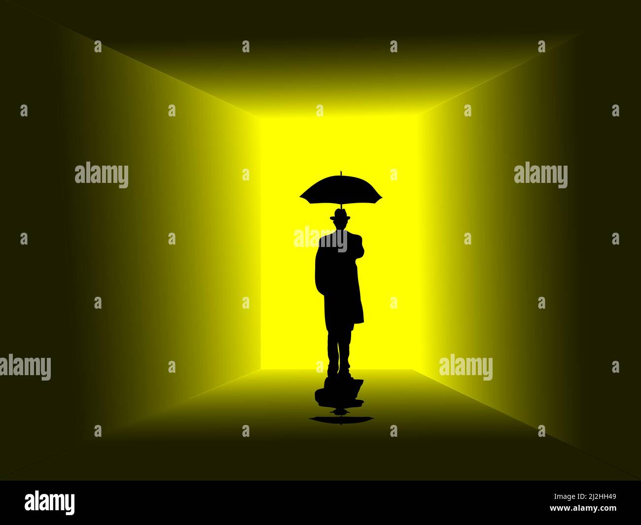 Un homme dans un manteau noir, sa main droite tenant un parapluie. Se tenait devant la porte avec une lumière jaune. Illustration de Vecteur