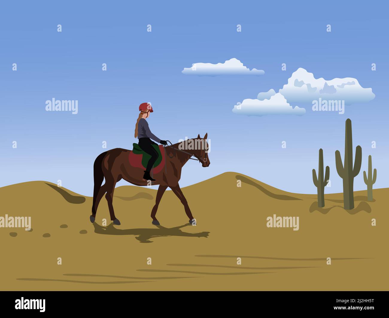 Une femme à cheval dans le désert avec ciel et nuages en arrière-plan. Illustration de Vecteur