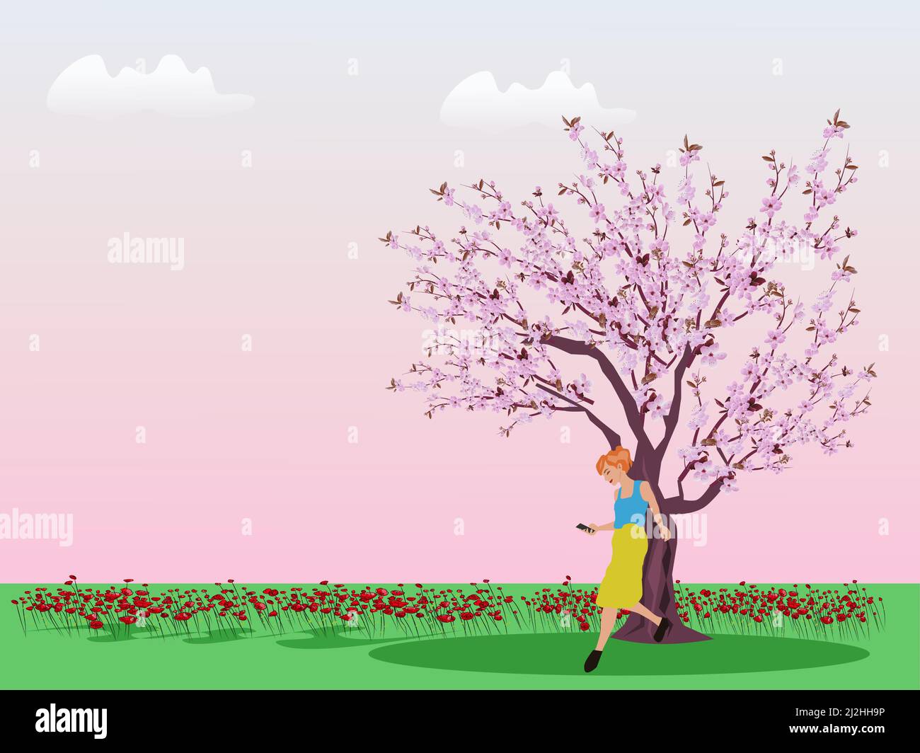 Femme jouant téléphone cellulaire sous cerisier dans le champ vert avec ciel rose dans le fond. Illustration de Vecteur