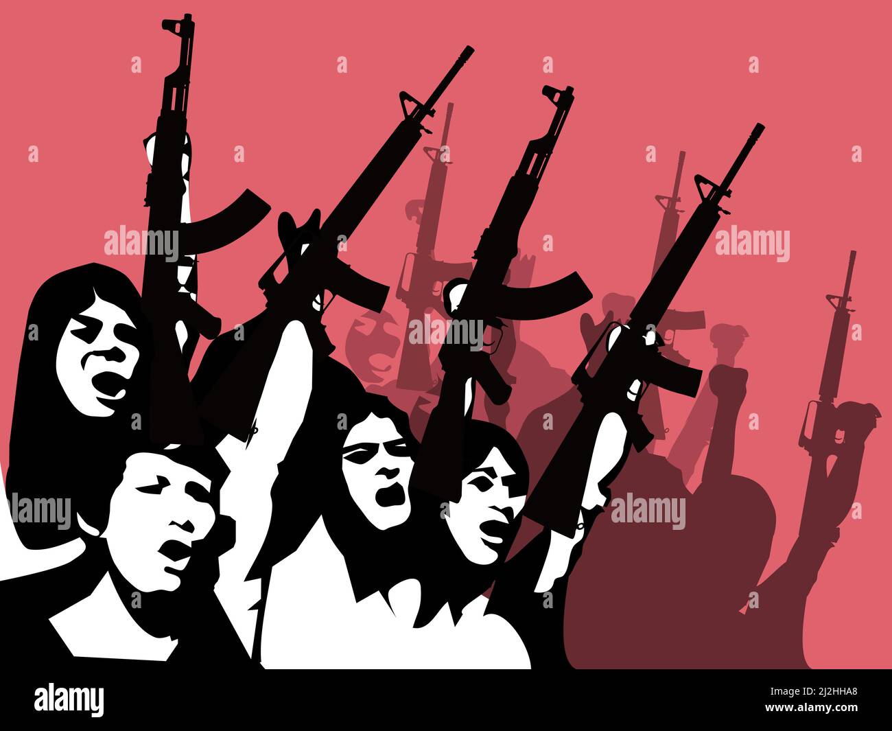 Une silhouette noire d'un groupe de personnes tenant un fusil avec un fond rouge. Illustration de Vecteur