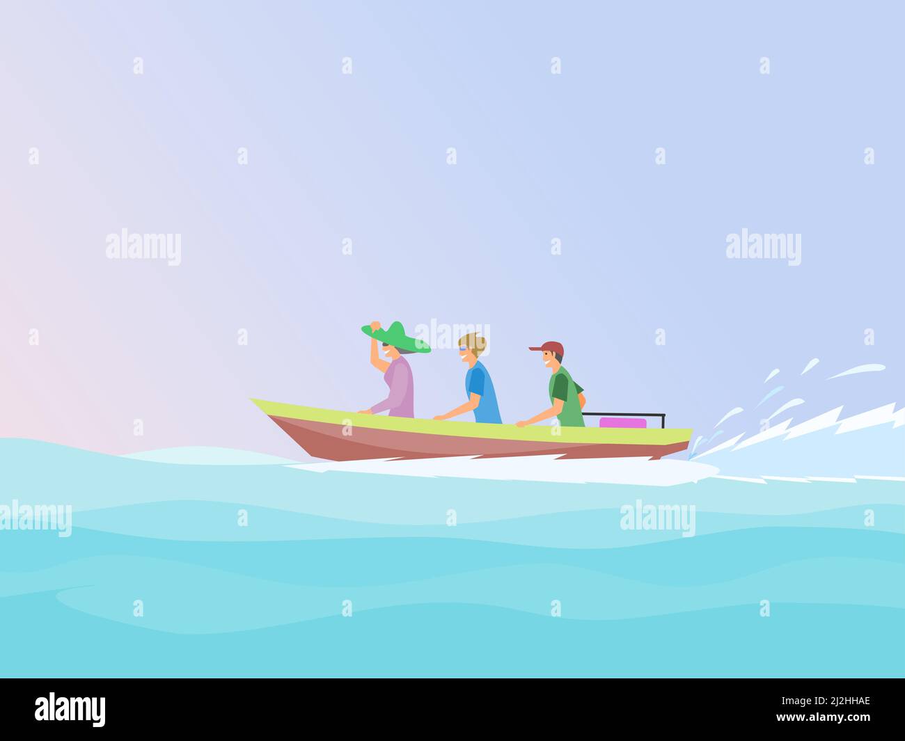 Trois personnes assises sur un petit bateau à moteur naviguant dans la mer avec le ciel en arrière-plan. Illustration de Vecteur