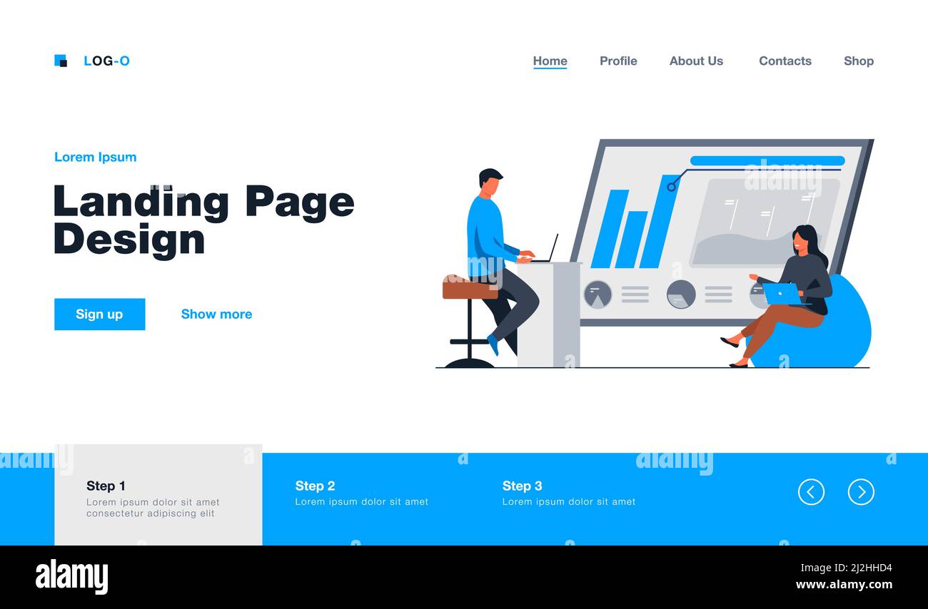 Homme et femme discutant des statistiques sur les bénéfices. Graphique, ordinateur portable. Illustration vectorielle plate. Le concept d'entreprise peut être utilisé pour les présentations, les bannières, le site Web d Illustration de Vecteur