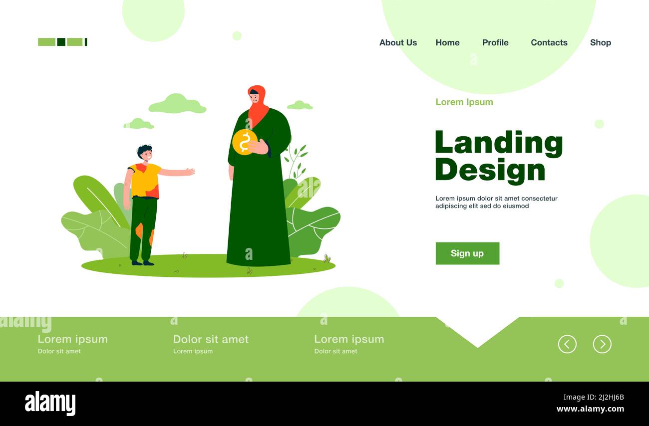 Femme musulmane donnant des almes à un garçon désordonné. Personnage féminin dans des vêtements arabes traditionnels aidant l'enfant illustration vectorielle plate. Ramadan, célébration, ch Illustration de Vecteur