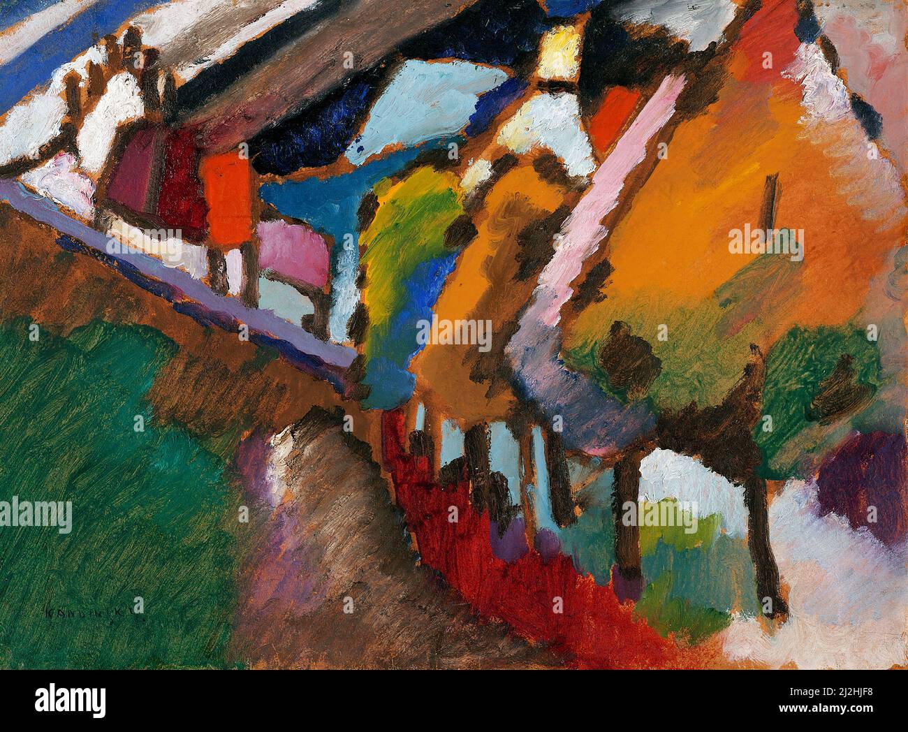 Art vintage par Wassily Kandinsky - Château et église de Murnau (1909). Banque D'Images