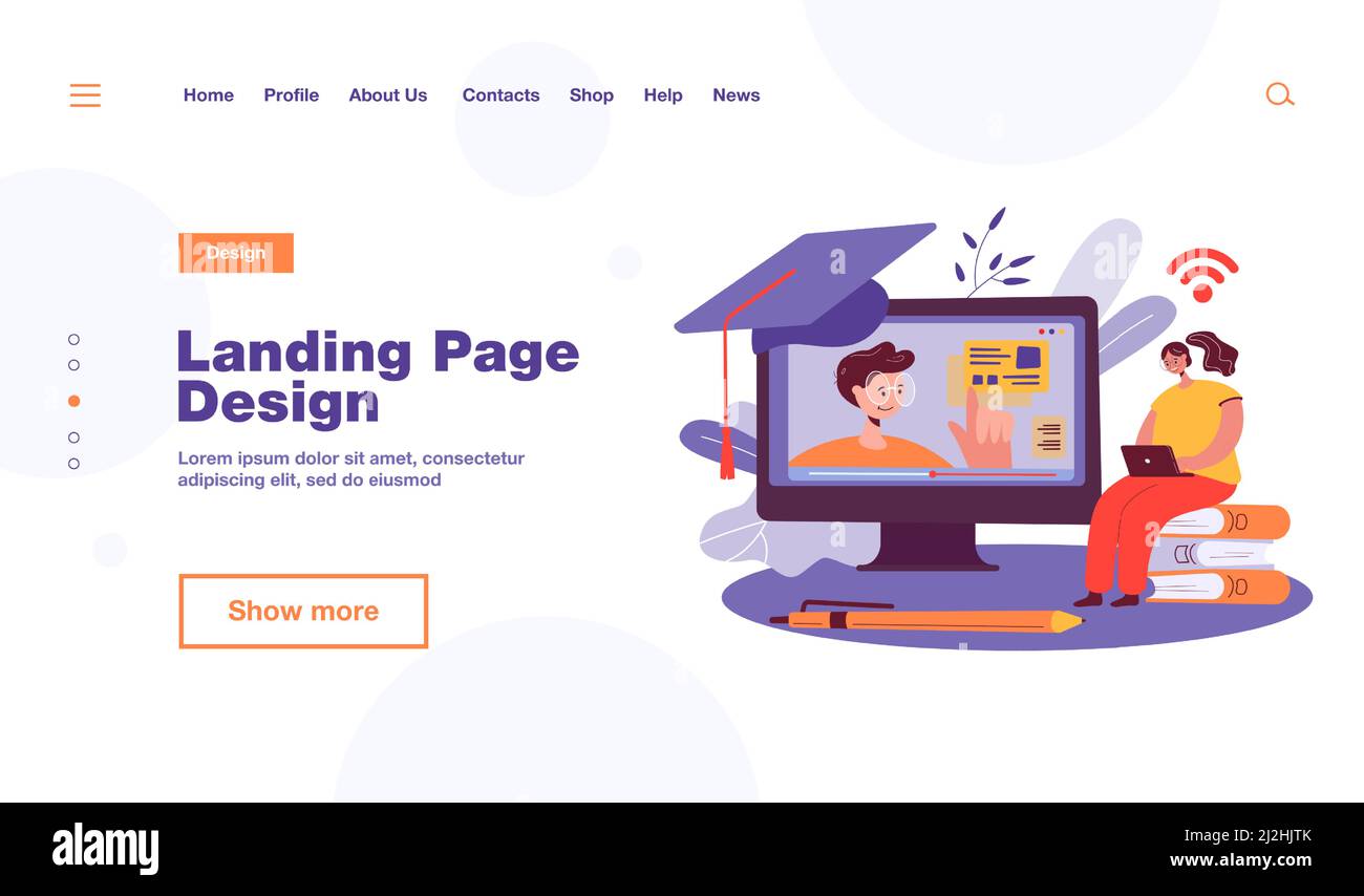 Femme joyeuse étudiant sur Internet, regardant le webinaire sur ordinateur, prenant des cours en ligne. Illustration vectorielle pour la connaissance, l'éducation, l'apprentissage à distance Illustration de Vecteur