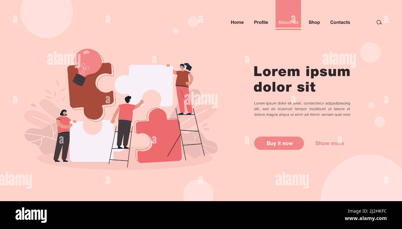 Une équipe de personnes minuscules qui relient des éléments de puzzle géants. Illustration vectorielle plate. Symbole et métaphore du travail d'équipe, de la coopération, de la collaboration, de la communica Illustration de Vecteur