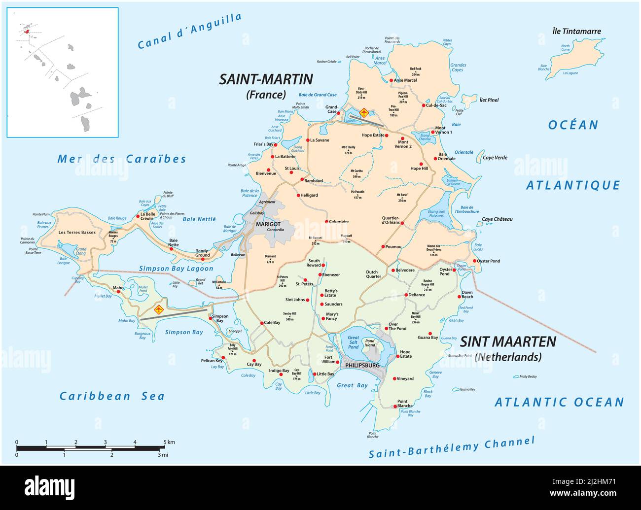 Carte routière de l'île des Caraïbes Saint Martin, France, pays-Bas Illustration de Vecteur