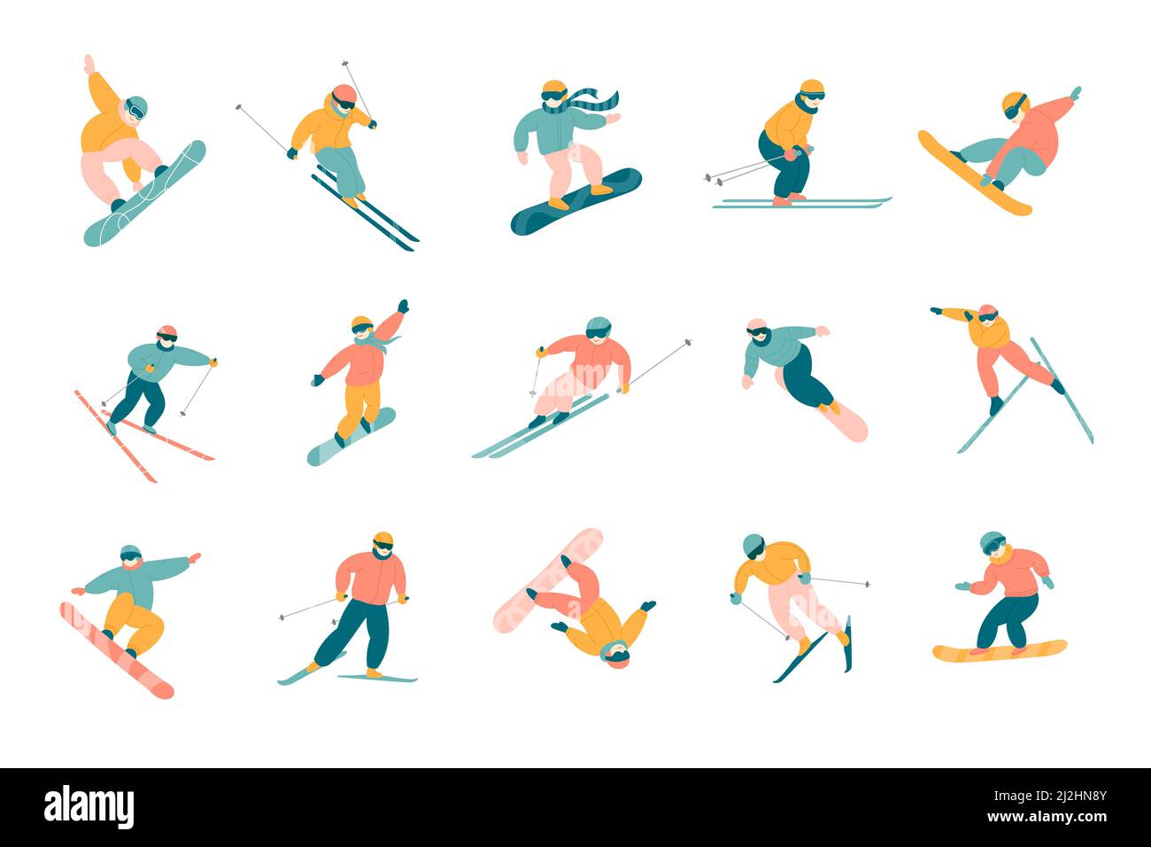 Ensemble de snowboard et de ski actif.Des illustrations vectorielles représentant des skieurs et des snowboarders qui sautent de la montagne en action posent isolés sur wh Illustration de Vecteur