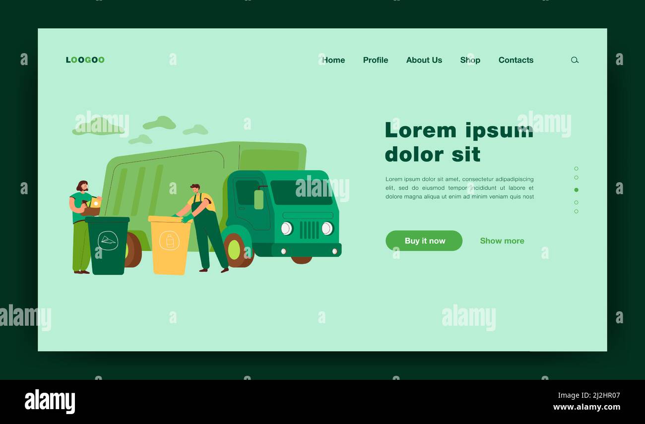 Camion à ordures arrivant pour prendre les conteneurs d'élimination avec les déchets et les déchets. Les hommes trient les ordures et les déchets dans les poubelles et les bennes à ordures. Illustration vectorielle pour Illustration de Vecteur