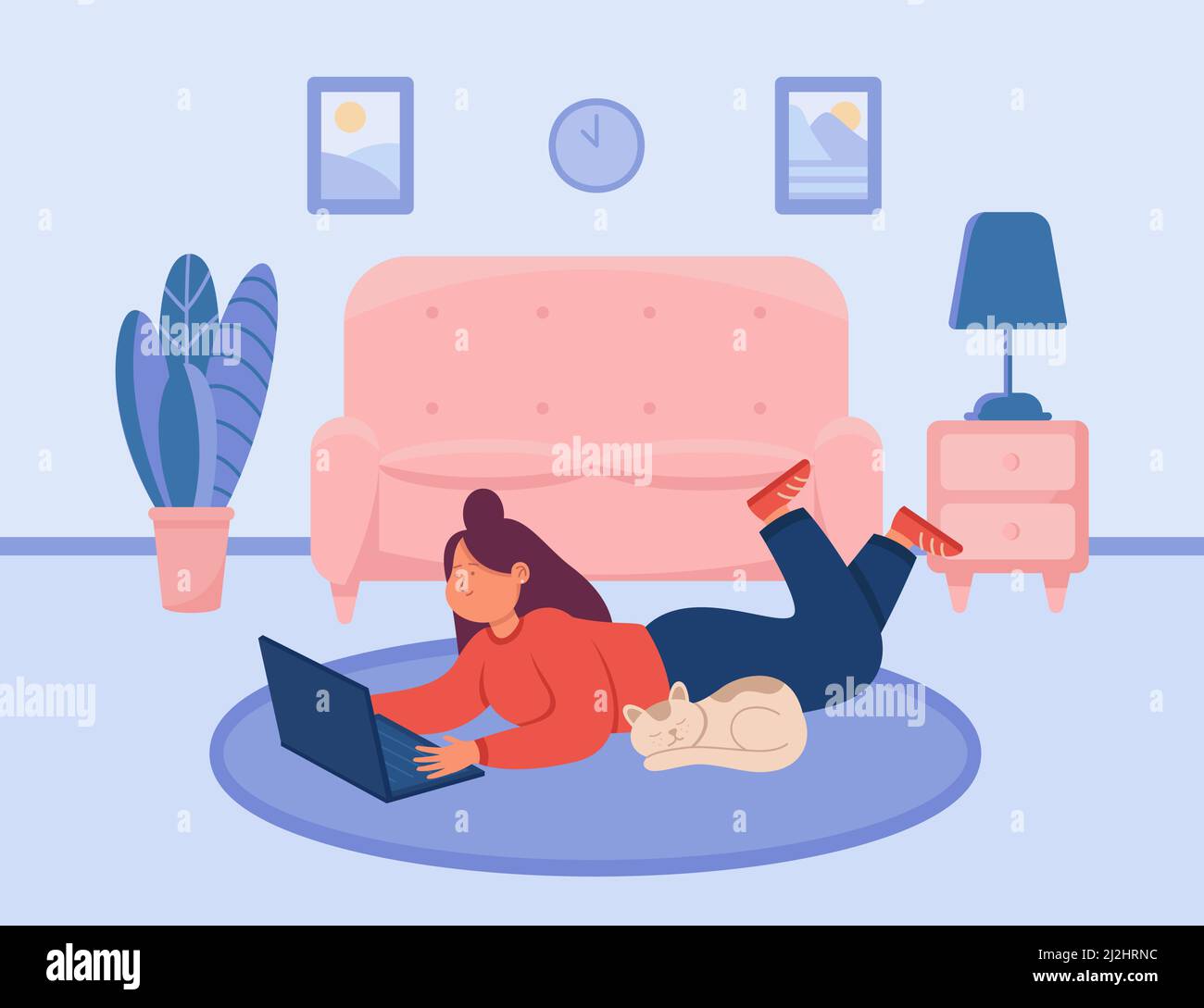 Femme indépendante travaillant à partir d'une illustration vectorielle à plat.Bonne femme travaillant à distance et surfant sur Internet à l'aide d'un ordinateur portable et couchée au sol avec h Illustration de Vecteur