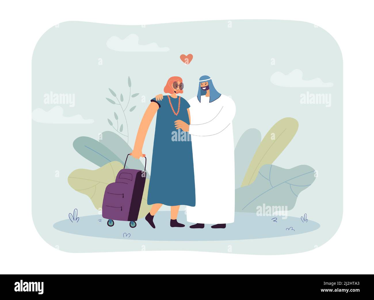 Homme et femme arabes heureux, couple debout ensemble.Fille avec une valise de voyage illustration vectorielle plate.Mariage aux Émirats, romance, concept de mariage Illustration de Vecteur