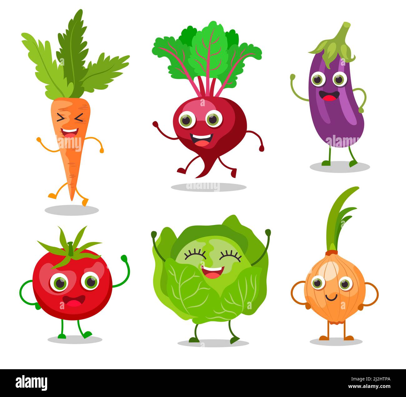 Jeu d'illustrations vectorielles de personnages de dessin animé Happy légume.Légumes mignons avec visages, mains et jambes, oignon, betterave, carotte,chou, tomate isolée sur Illustration de Vecteur