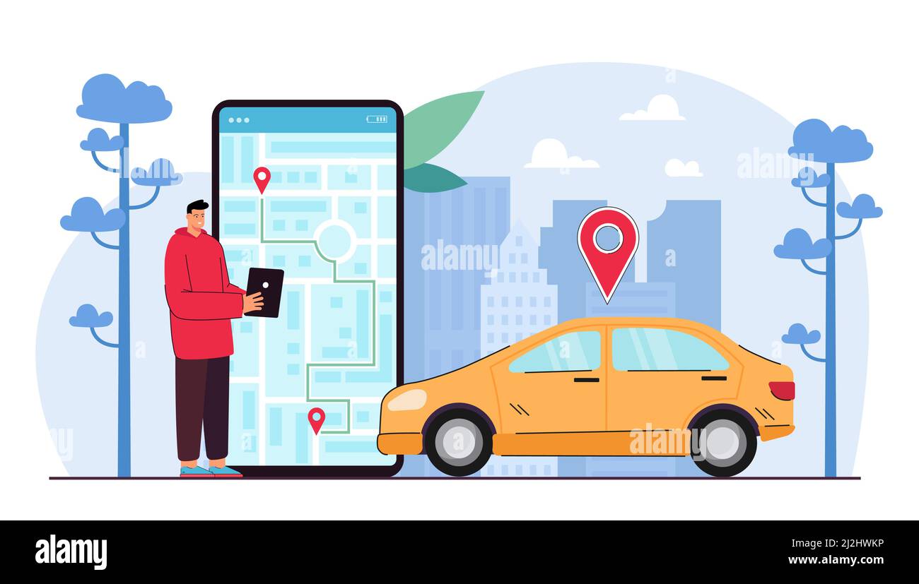 Homme qui suit la cabine du chauffeur de taxi sur la carte de la tablette.Guy utilisant un appareil pour la localisation de voiture avec l'application du système GPS.Homme vérifiant la navigation sur smartphone réservant taxi Illustration de Vecteur