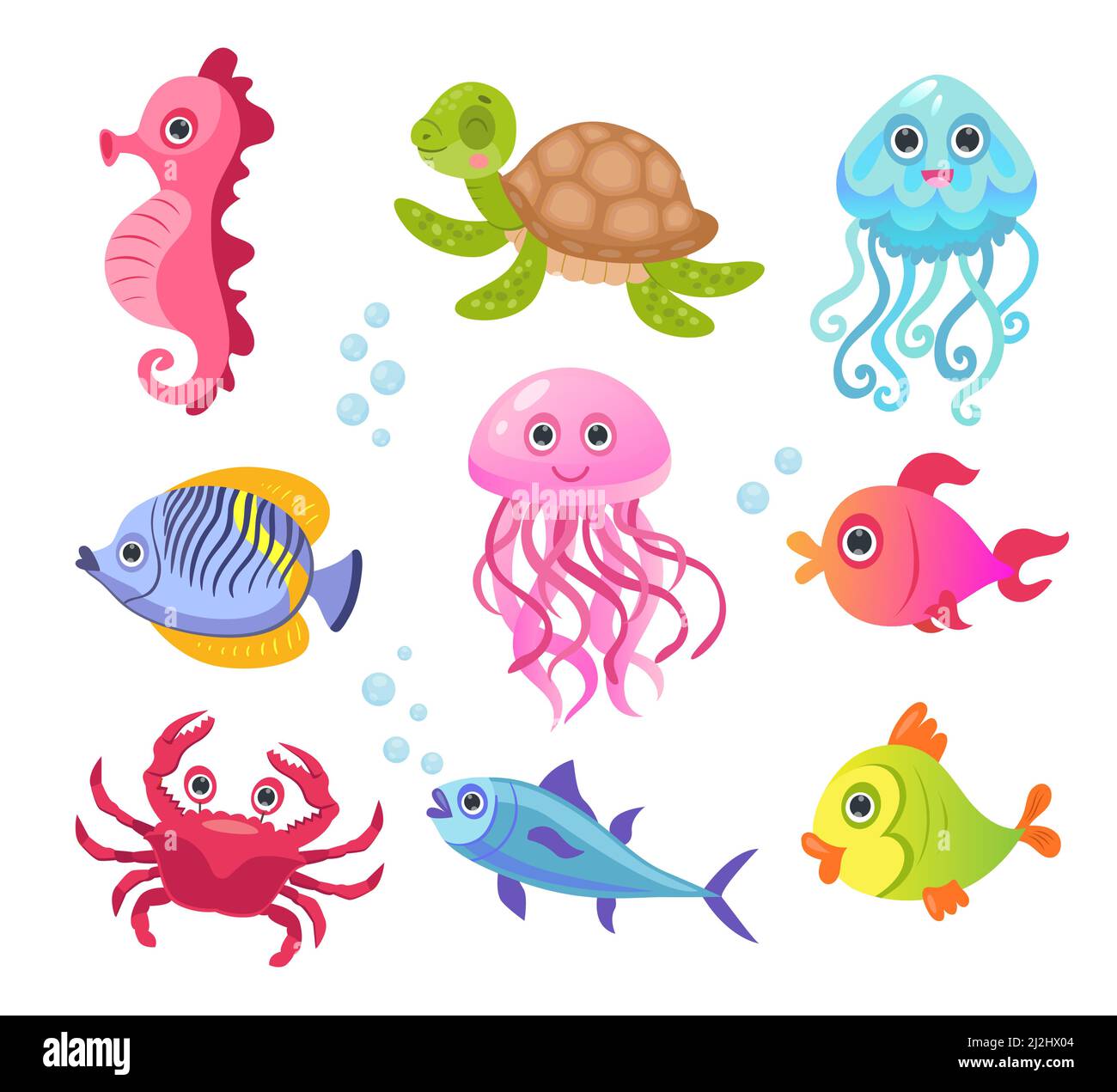Jeu d'illustrations vectorielles personnages créature océan ou mer.Mignons animaux sous-marins amusants, poissons, crabe, tortue, méduses,hippocampe pour enfants Illustration de Vecteur