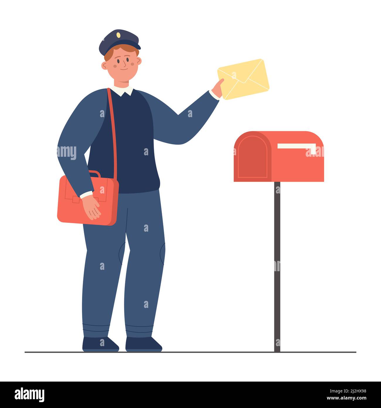 Postier tenant une enveloppe avec lettre, debout près de la boîte aux lettres.Drôle d'homme avec sac, chapeau et uniforme de mailman livrant le paquet postal à la boîte aux lettres Fla Illustration de Vecteur